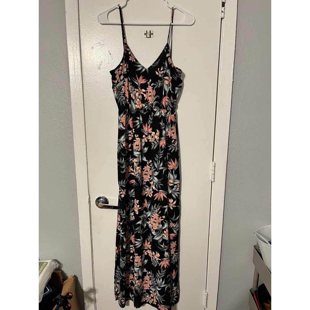 H&M Divided Women Black Tropical Floral Maxi Dress V-Neck Spaghetti Strap Size 4